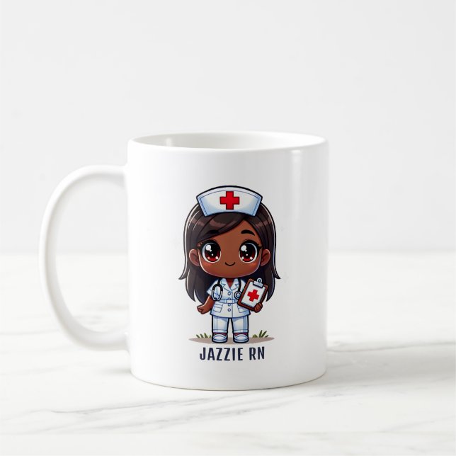 Caneca De Café Enfermeira Preta de Manga Bonita Cabelo castanho e (Esquerda)