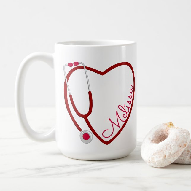 Caneca De Café Enfermeiro Stethoscope Cardíaco Vermelho Namorados (Com Donut)