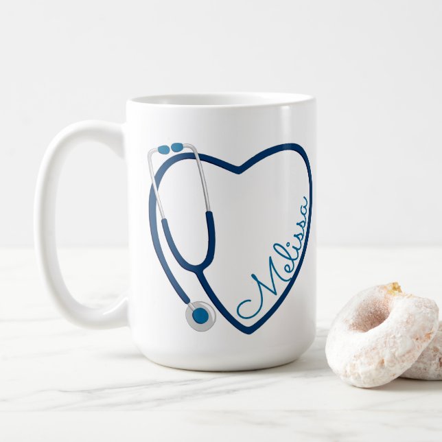 Caneca De Café Enfermeiro Stethoscope Heart Blue Coffee Namorados (Com Donut)