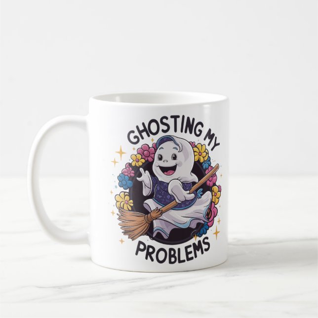 Caneca De Café Enganando meus problemas, Design de Fantasmas Engr (Esquerda)