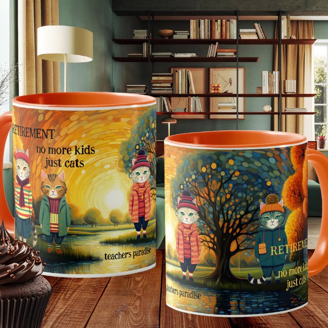 Caneca De Café Engraçada Adolescente de Gato (Mug featuring a colorful painting with funny cats. Great for a teacher retirement )