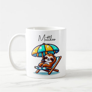 Caneca de café engraçada com preguiça na praia