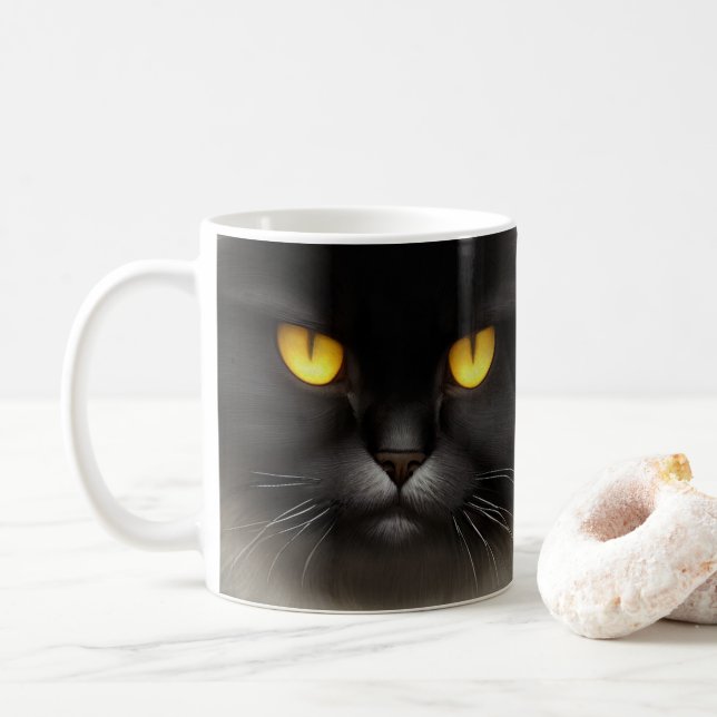 Caneca De Café Engraçado Bravo Gato Persa Preto Fluffy (Com Donut)