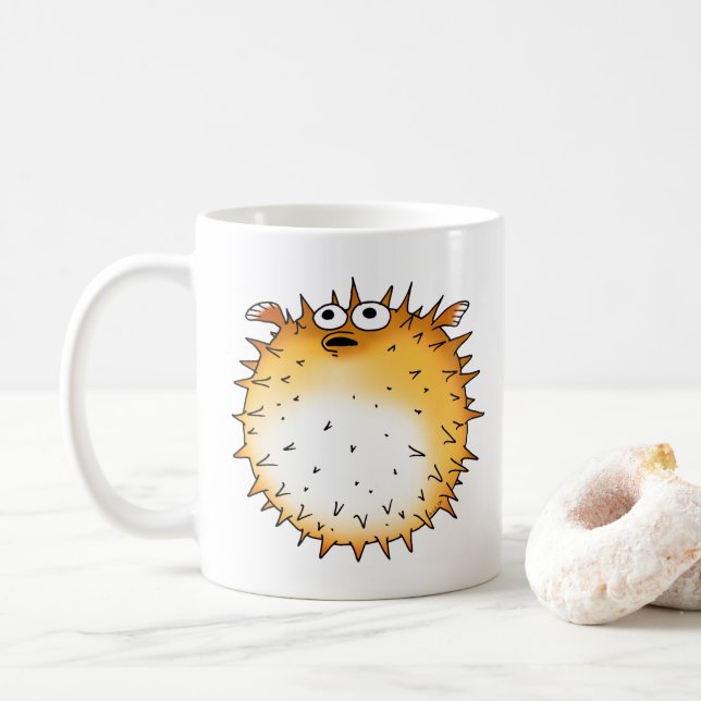 Caneca De Café Engraçado Cartoon Puffer Fish Design (Com Donut)