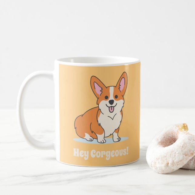 Caneca De Café Engraçado, Corgi Puppy. (Com Donut)