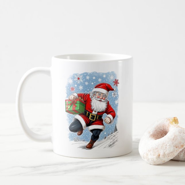 Caneca De Café Engraçado Correndo Papai Noel (Com Donut)