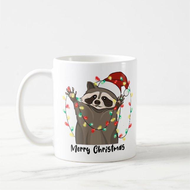 Caneca De Café Engraçado Feliz Natal Raccoon (Esquerda)