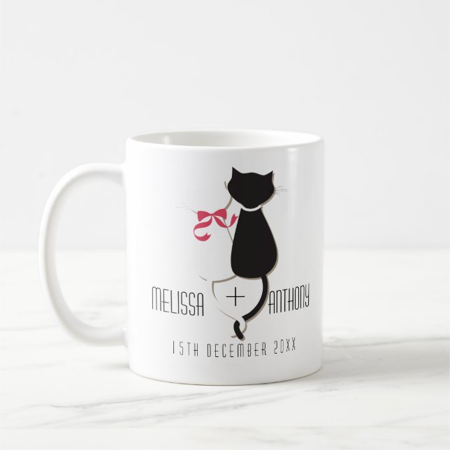 Caneca De Café Engraçado Gato Cauda Casal Monograma Noivado Casam (Esquerda)