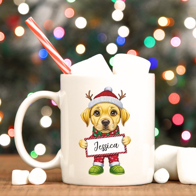 Caneca De Café Engraçado Laboratório Amarelo Elf Pata de Natal (Yellow Labrador custom Christmas mug.)