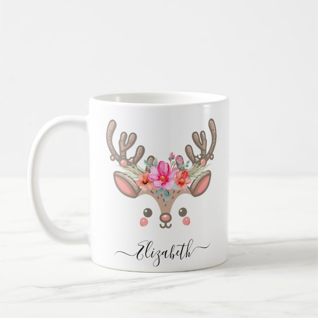 Caneca De Café Engraçado Reindeer de Natal Enfrenta Nome Personal (Esquerda)