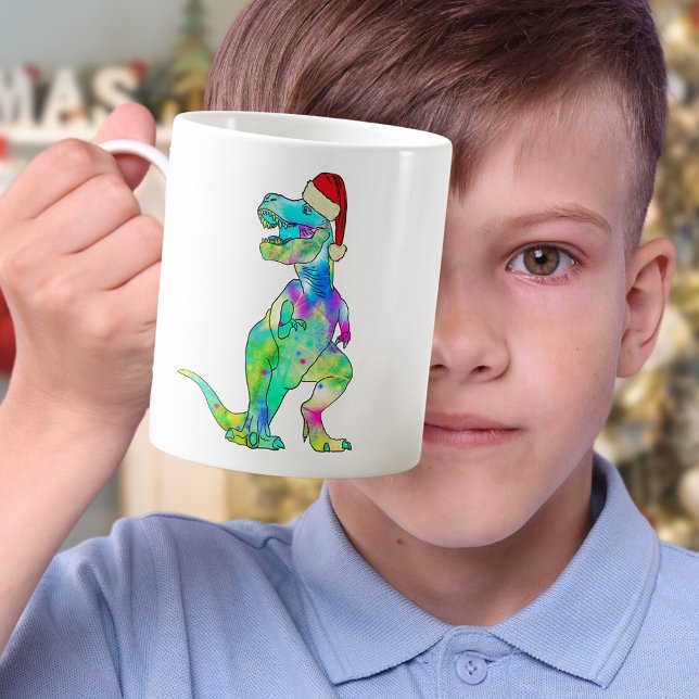 Caneca De Café Engraçado T-Rex Dinossaur Natal (Christmas dinosaur T-Rex Santa colorful holiday mug)
