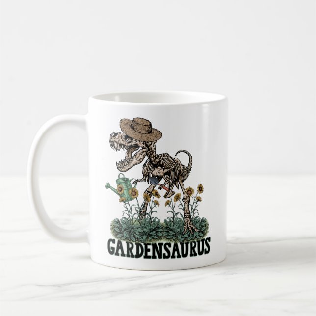 Caneca De Café Engraçado T-Rex Skeleton Gardensaurus no Jardim (Esquerda)
