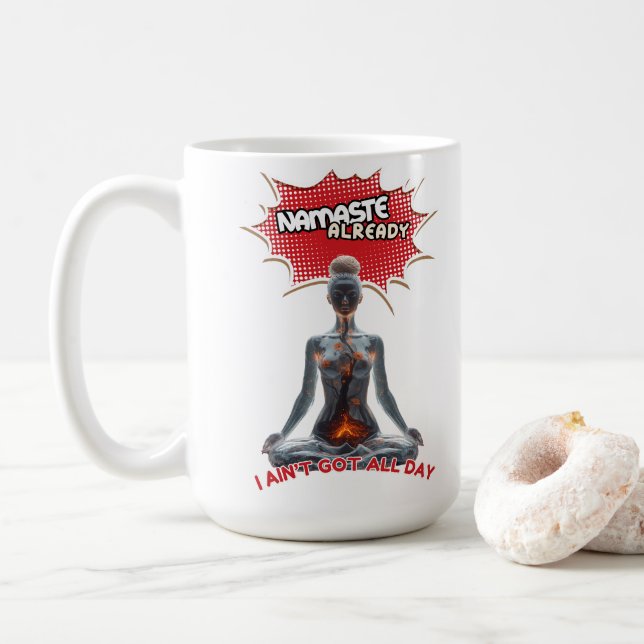 Caneca De Café Engraçado Yoga Comic Pop Art - "Namaste Already" (Com Donut)