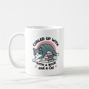 Caneca De Café Enrolados com um Livro e um Gato - Leitura de Gato