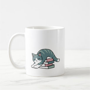 Caneca De Café Enrolados com um Livro e um Gato - Leitura de Gato