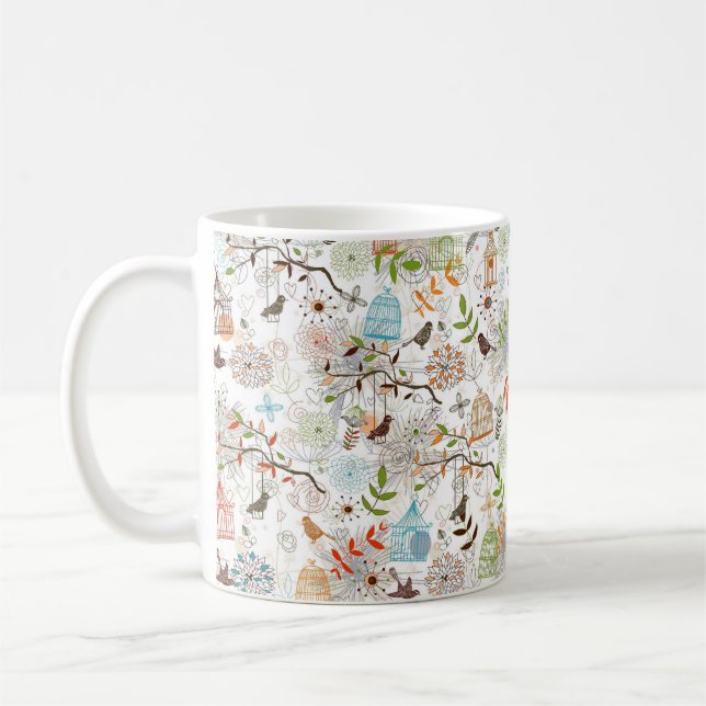 Caneca De Café Esboço de aves e gaiolas de aves desenhado à mão (Esquerda)