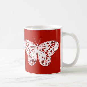 Caneca De Café Esboço de borboleta, vermelho profundo e branco