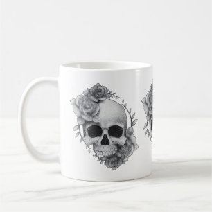 Caneca De Café Esboço de Caveira e Rosas