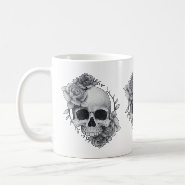 Caneca De Café Esboço de Caveira e Rosas (Esquerda)