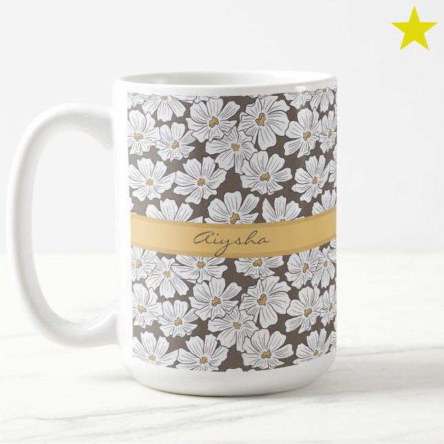 Caneca De Café Esboço de Flor Branca Rústica Nome Personalizado C (Criador carregado)
