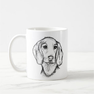 Caneca De Café esboço desenhado pela mão preto, cachorrinho branc