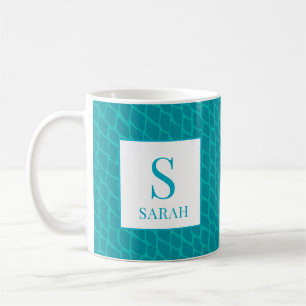Caneca De Café Escama de Sereia em Verde Azul Vibrante Monograma