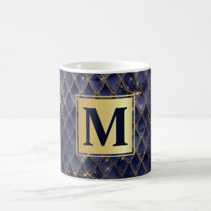 Caneca De Café Escamas de Dragão Brilhantes Azul Marinho e Dourad