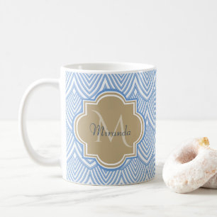 Caneca De Café Escamas de Peixe Azul Claro Art Déco Tan Monograma