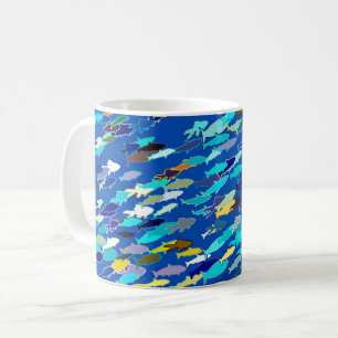 Caneca De Café Escola de peixe, azul escuro, branco, turquesa