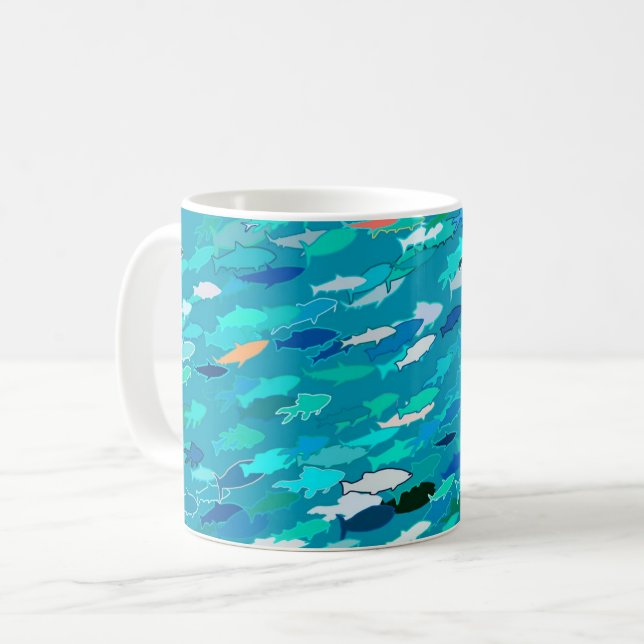 Caneca De Café Escola de Peixes, Turquesa, Azul e Aqua (Frente Esquerda)