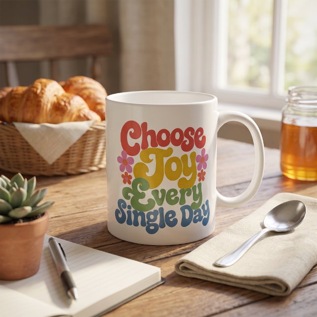 Caneca De Café Escolha Alegria Todos os Dias Arco-Íris Retrô (Choose Joy Every Single Day Retro Rainbow Coffee Mug)