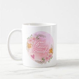 Caneca De Café Escrita "Boa Manhã Bela", Floral Rosa