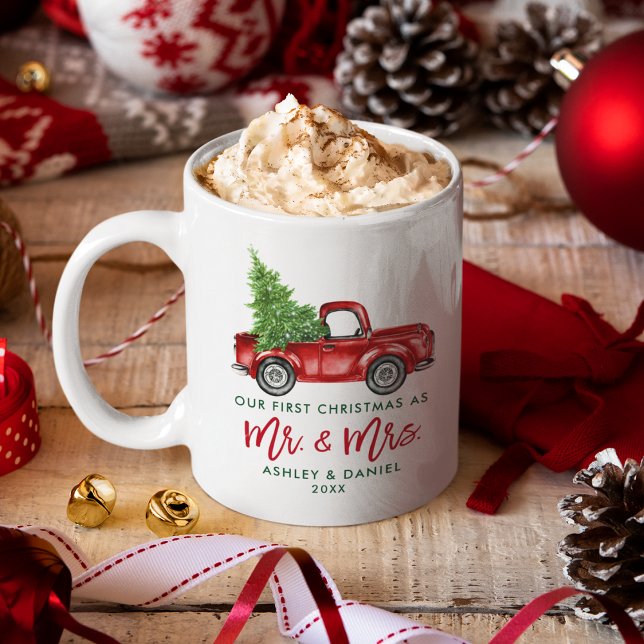Caneca De Café Escrita de Bruxelas Primeiro Natal Sr. Red Truck (Customize to change your personalized text size or style.)