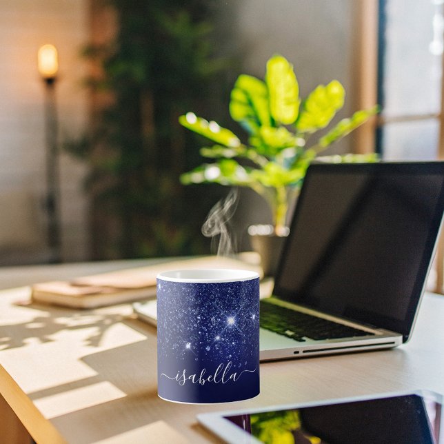 Caneca De Café Escrito elegante com nome de brilho azul (Criador carregado)