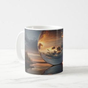 Caneca De Café Esfera Reflexiva Surrealista com Nuvens ao Pôr do