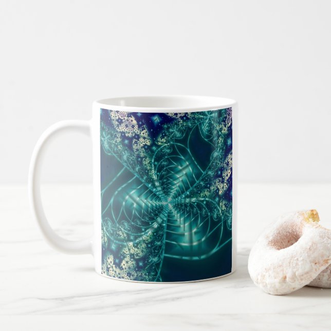 Caneca De Café Espaço | Arte Fractal Azul e Branca (Com Donut)
