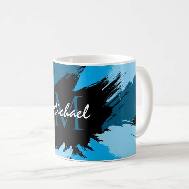 Caneca De Café Espadilhas de pinceladas com nome azul com monogra (Frente Esquerda)