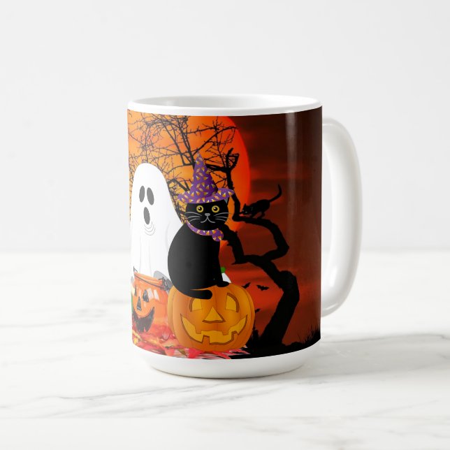 Caneca De Café Espírito Assustador do Halloween e Gato Negro (Frente Esquerda)