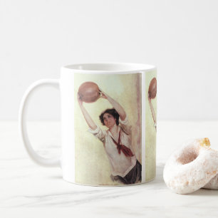 Caneca De Café Esportes Antigos, Jogadora de Basquete com Bola