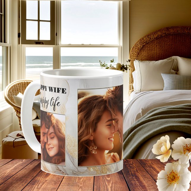 Caneca De Café Esposa Feliz, Dourada Casamento Artístico Mug (Funny wedding mug featuring your custom photos on a gold abstract glitter design - wife - newly wed)