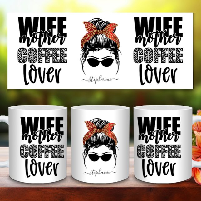 Caneca De Café Esposa Mãe Café Sobremesa Mensagem Mãe Vida Engraç (Wife Mother Coffee Lover Messy Bun Mom Life Funny Coffee Mug)