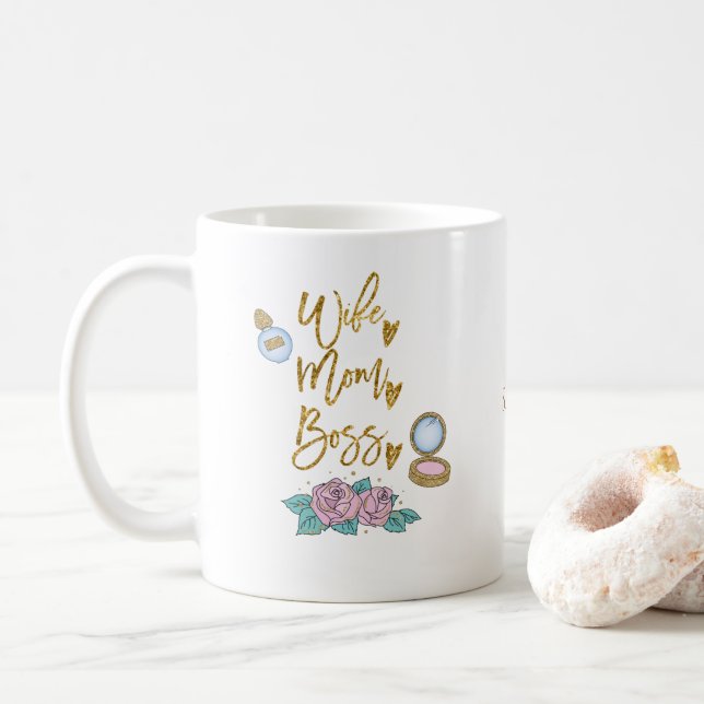 Caneca De Café Esposa Mãe Chefe Tipografia Dourada/Nome (Com Donut)