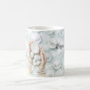 Caneca De Café Espuma do Mar Azul Pérolas Conchas
