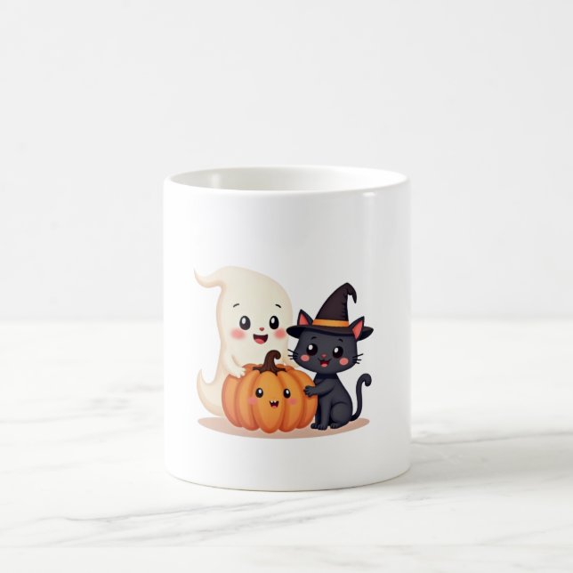 Caneca De Café "Esquadrão de Halloween | Kawaii Ghost & Pumpkin (Centro)