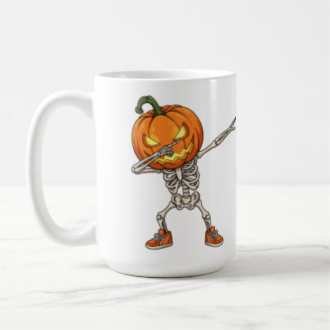 Caneca De Café Esqueleto com Cabeça de Abóbora no Dia das Bruxas (Esquerda)