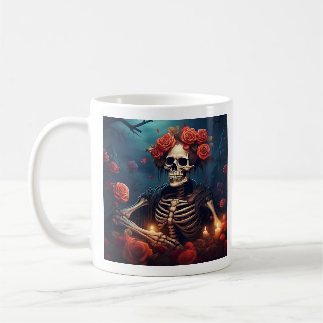 Caneca De Café Esqueleto com Coroa de Rosas (Esquerda)