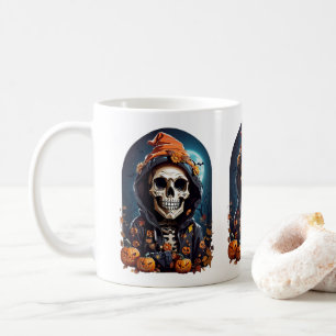 Caneca De Café Esqueleto Spooky com Mau Pumpkins