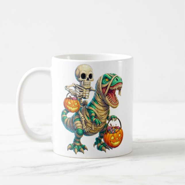 Caneca De Café Esqueleto Whimsso Andando Múmia T-Rex Halloween (Esquerda)