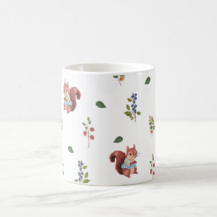 Caneca De Café Esquilo Adorável e Padrão Florestal de Berries