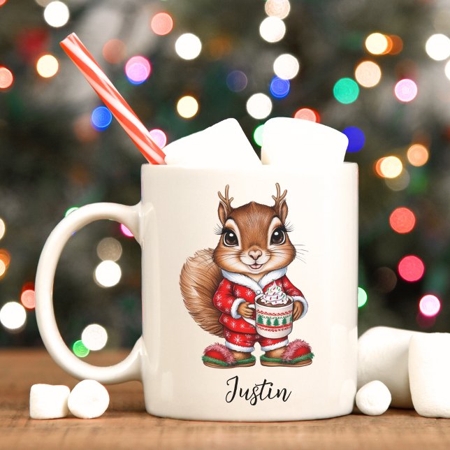 Caneca De Café Esquilo Bonito Personalizado Para Crianças De Nata (Squirrel reindeer Christmas cocoa mug. )